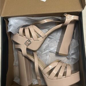 Fashion Nova Cream Platform Heels with Strappy Design